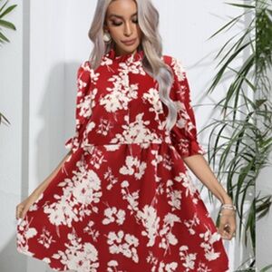 Jeceika Puff Sleeve Mock Neck Floral Mini Babydoll Swing Tunic Shift Dress Large